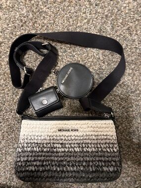 Michael Kors Black Strap Ombre Woven Crossbody with Coin Pouch